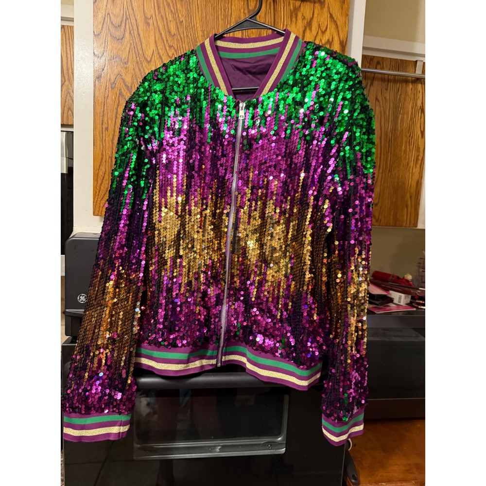 Mardi Gras Sequin Bomber Jacket Purple Green Gold Striped Trim Full Zip Festival